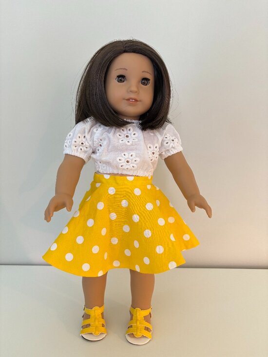 Yellow Polka Dot Skirt & White Top with Yellow Sandals for 18" Dolls - Picture 1 of 9